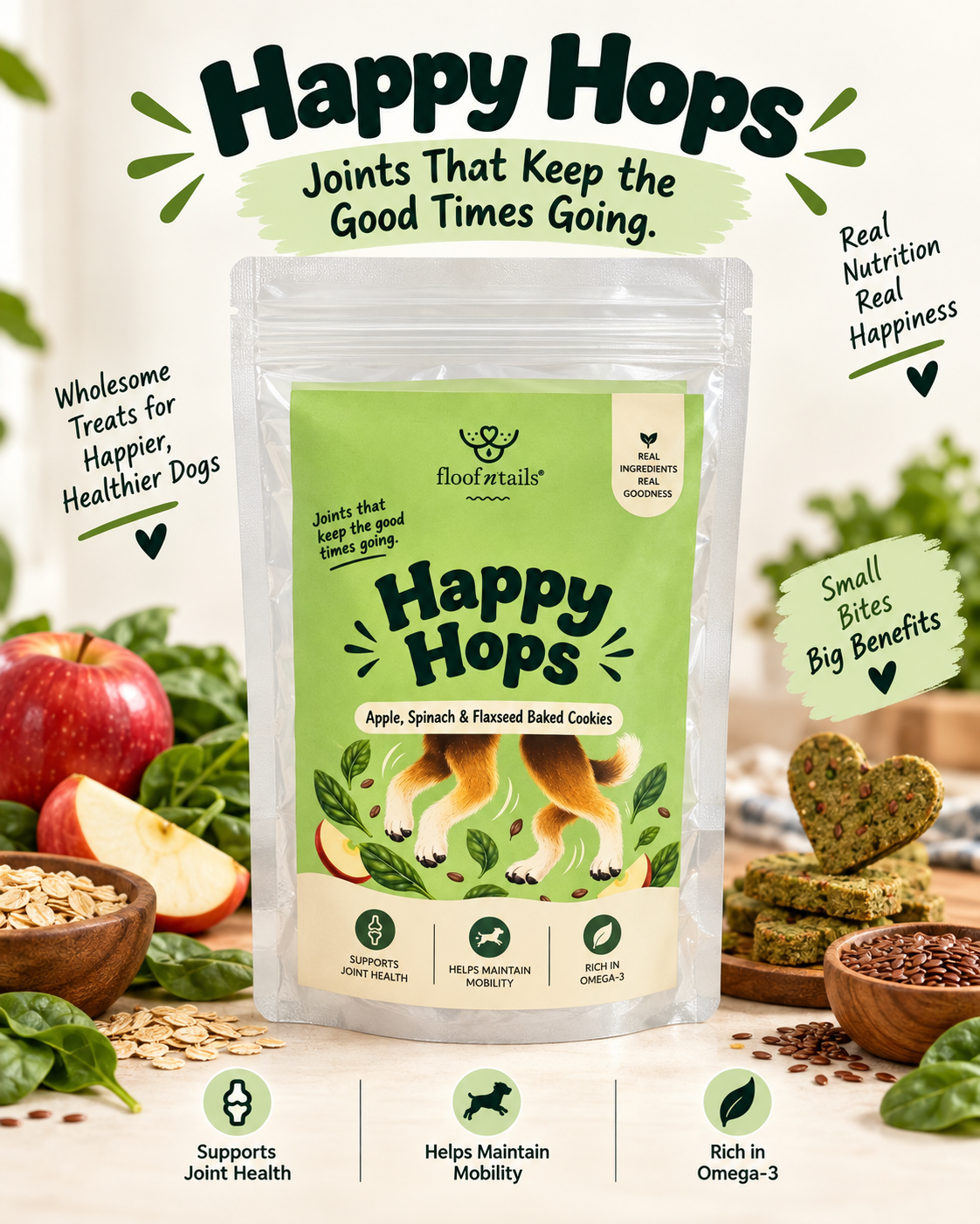 Happy Hops — Apple, Spinach & Flaxseed Baked Cookies
