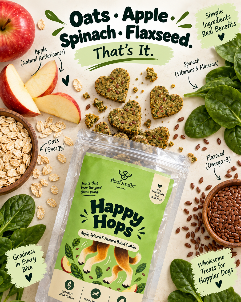 Happy Hops — Apple, Spinach & Flaxseed Baked Cookies