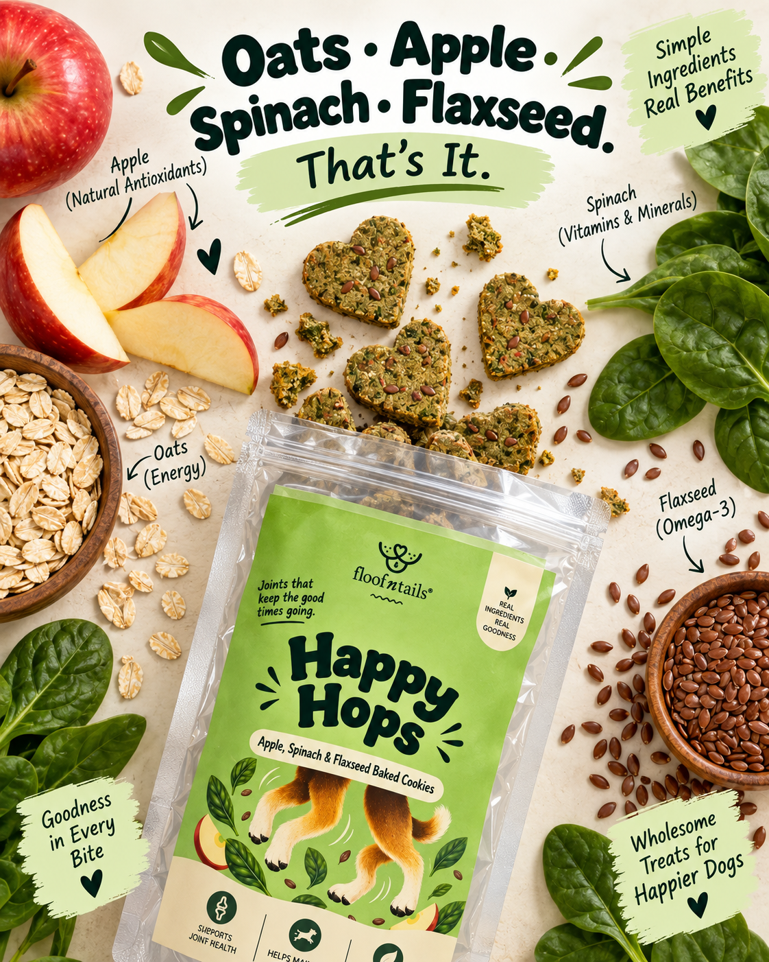 Happy Hops — Apple, Spinach & Flaxseed Baked Cookies
